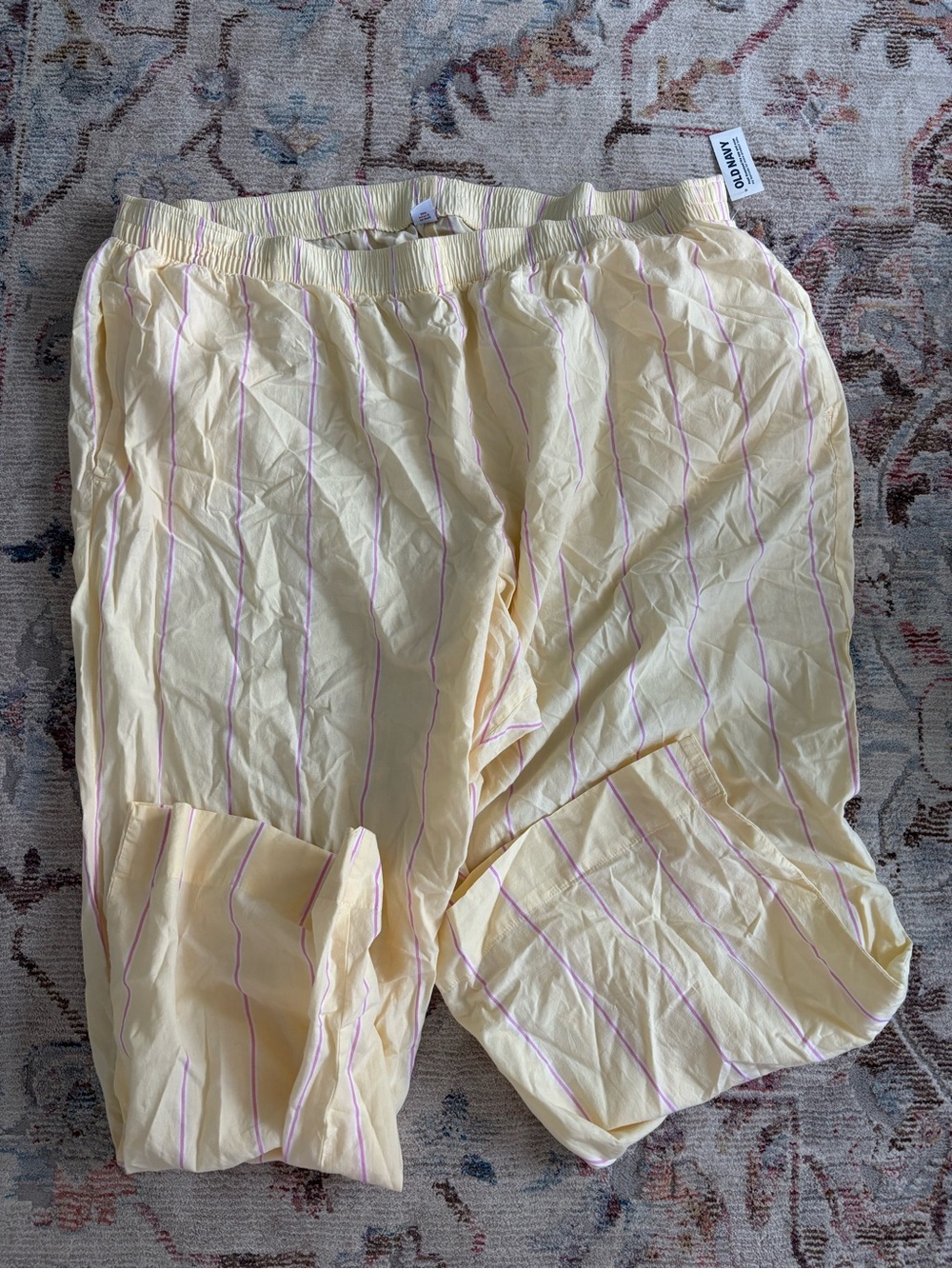 Old Navy Women's Pale Yellow Wide-Leg Pants with Pink Stripes